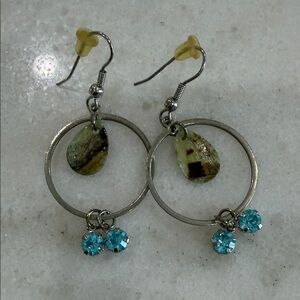 Handmade Silver Hoop Earrings with Green Shell Teardrops and Aqua Crystals